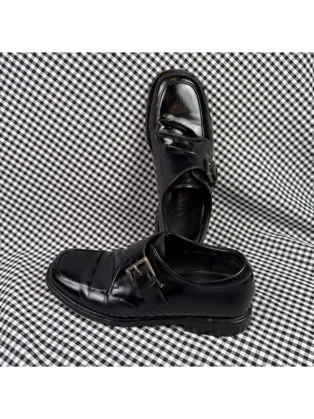 Prada Black Leather Monk Strap Shoes Buckle Dress Loafers Mens 6.5 Womens 10